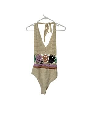 NEW Thinkable Cream Floral 70's Crochet One Piece Bathing Suit Size L